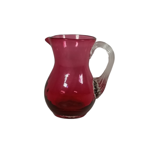 Pilgrim Cranberry Glass Small Pitcher Creamer 4" Reed Handle Vintage - Picture 3 of 11